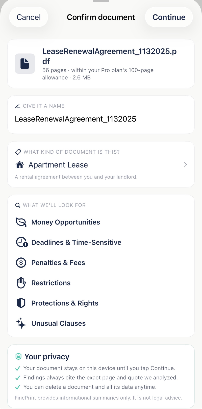 Confirm document screen: a lease renewal PDF is loaded with the document type set to Apartment Lease and FinePrint's What we'll look for categories listed.