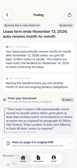 A single Finding showing a lease auto-renewal clause with the exact source quote and a Page 4 citation link to the original PDF.