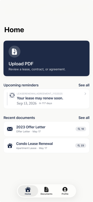 FinePrint app Home screen showing an Upload PDF button, upcoming renewal reminder, and a list of recent documents.