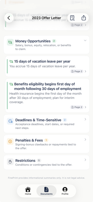 Findings list for a 2023 offer letter showing money opportunities, vacation accrual, benefits eligibility, deadlines, penalties, and restrictions.